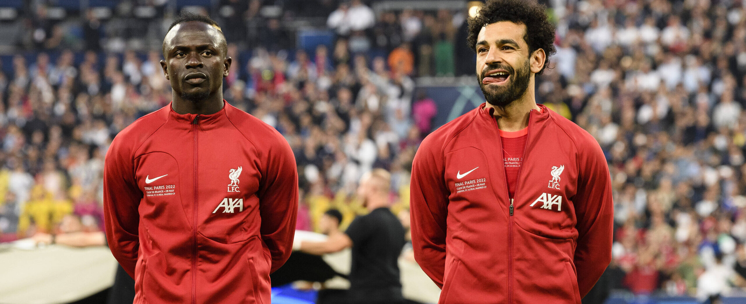 PARIS, FRANCE – MAY 28: Sadio ManÃ of Liverpool (L) and Mohamed Salah of Liverpool (R) getting into the field during the