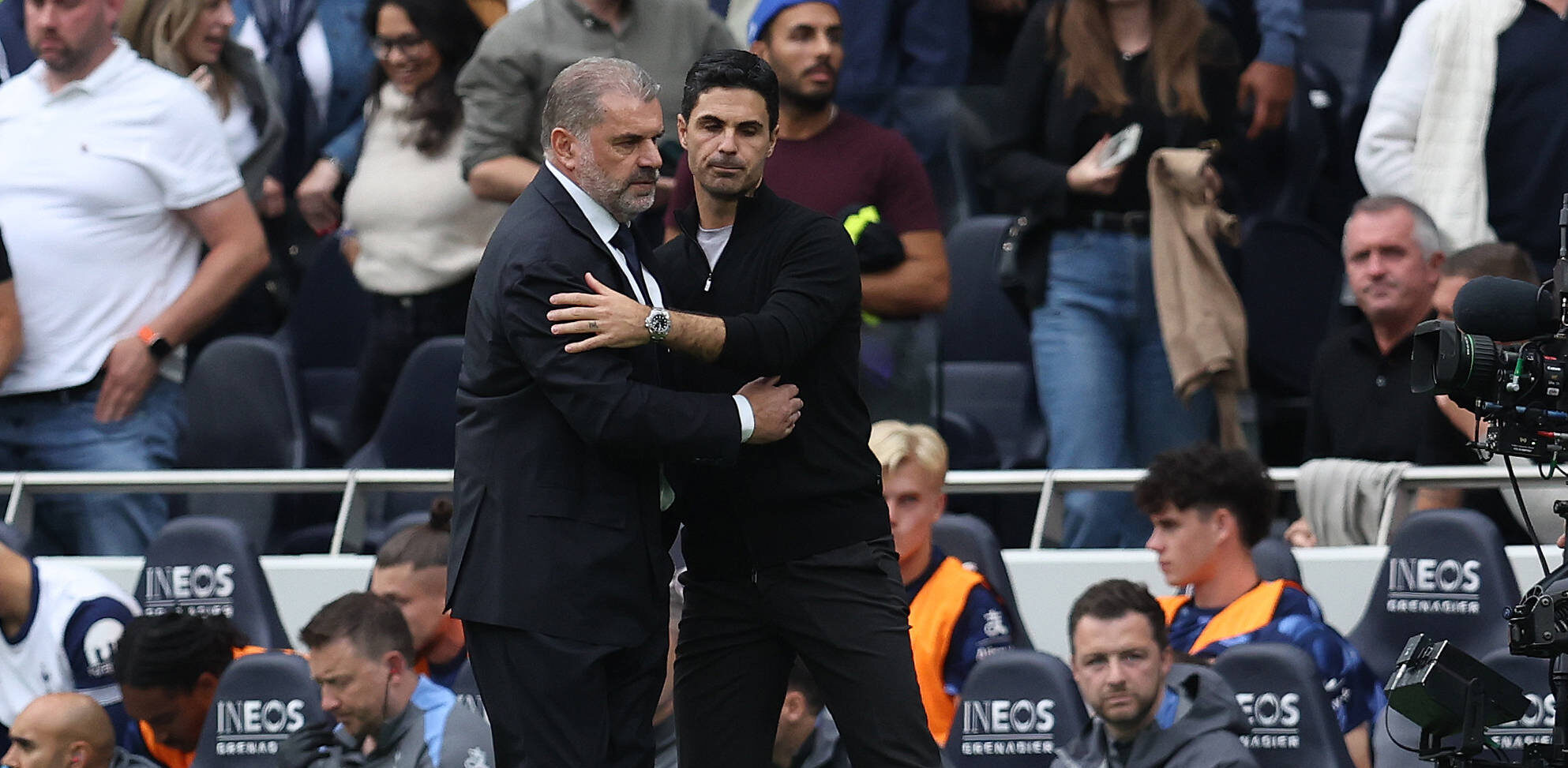 London, England, 15th September 2024. Tottenham™s head coach Ange Postecoglou and Arsenal™s manager Mikel Arteta shake h