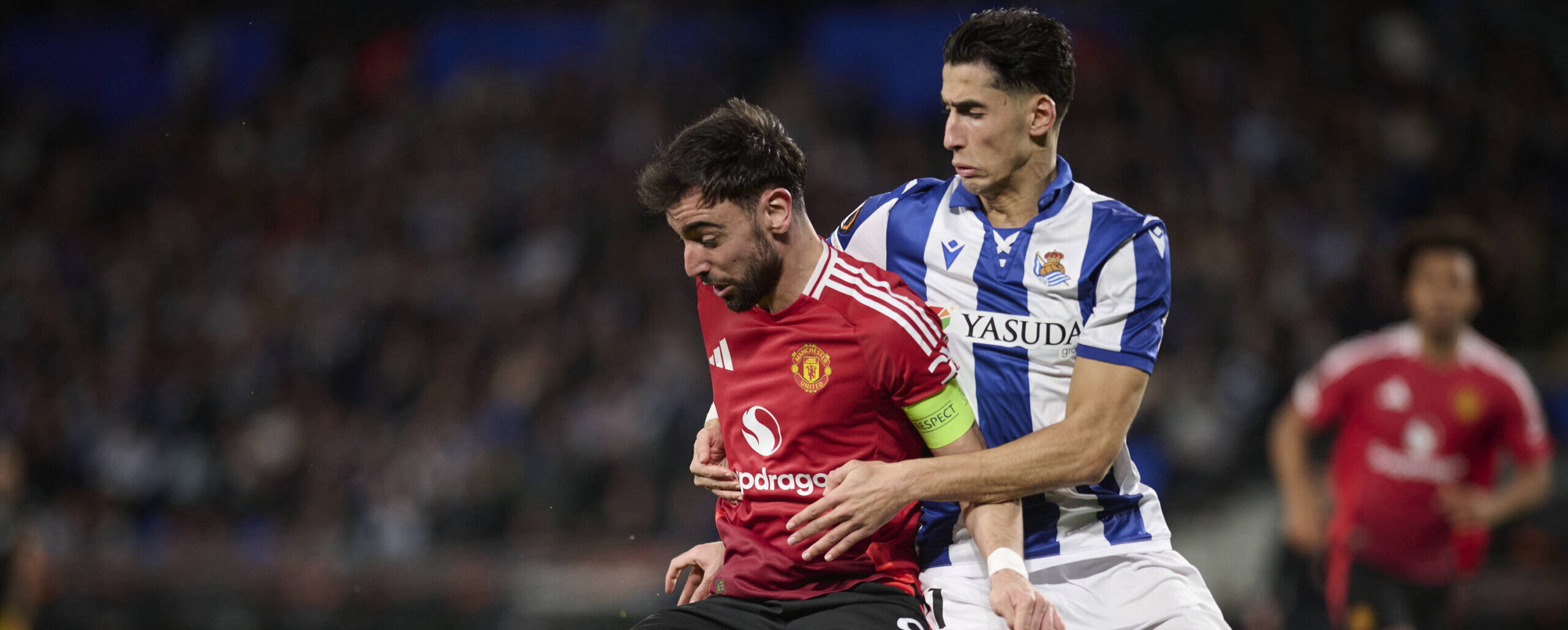 Nayef Aguerd in action for Real Sociedad against Bruno Fernandez from Manchester United