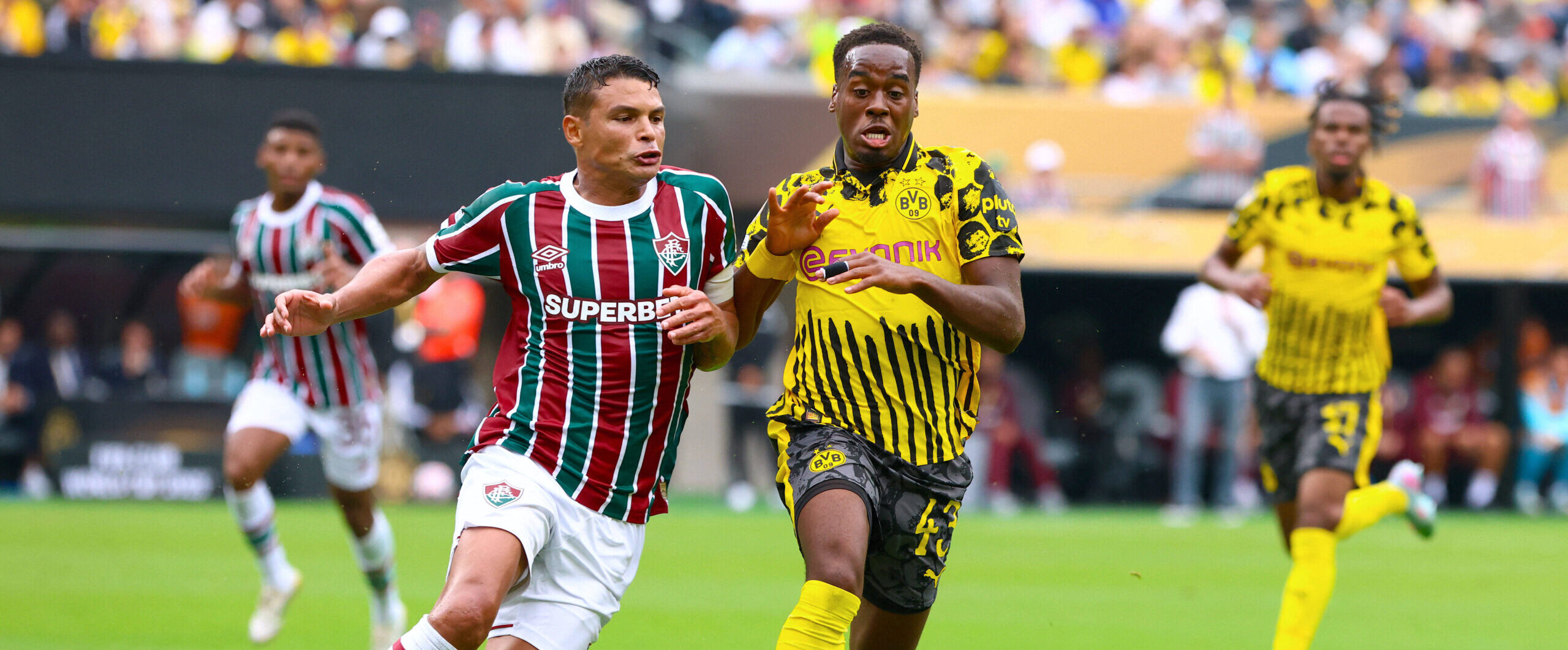 Jamie Gittens 2025 in action against Thiago Silva former Chelsea player
