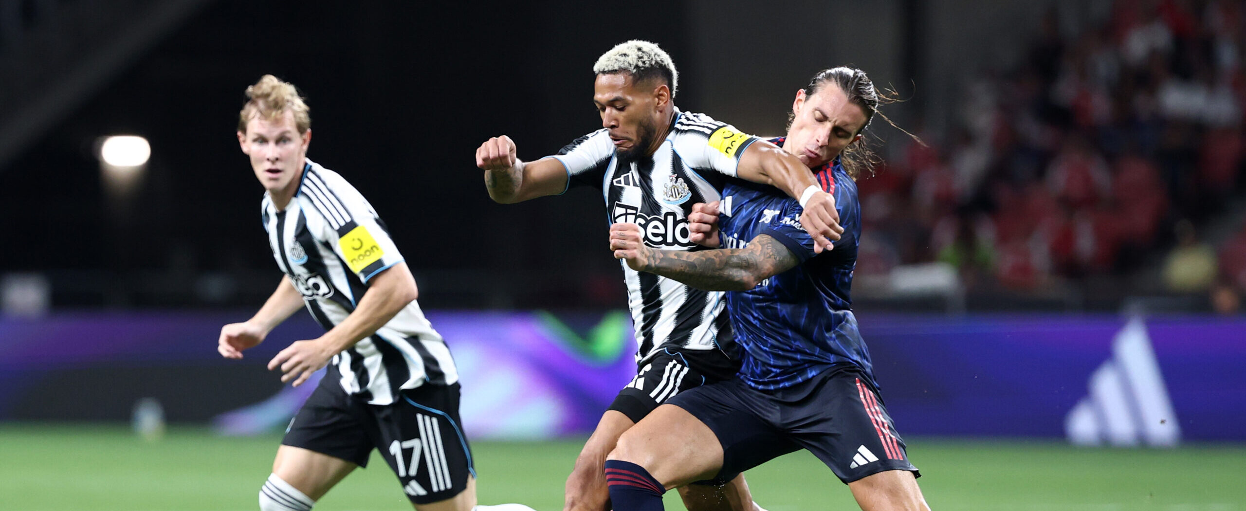 Calafiori in action against Newcastle in the pre-season match in 2025