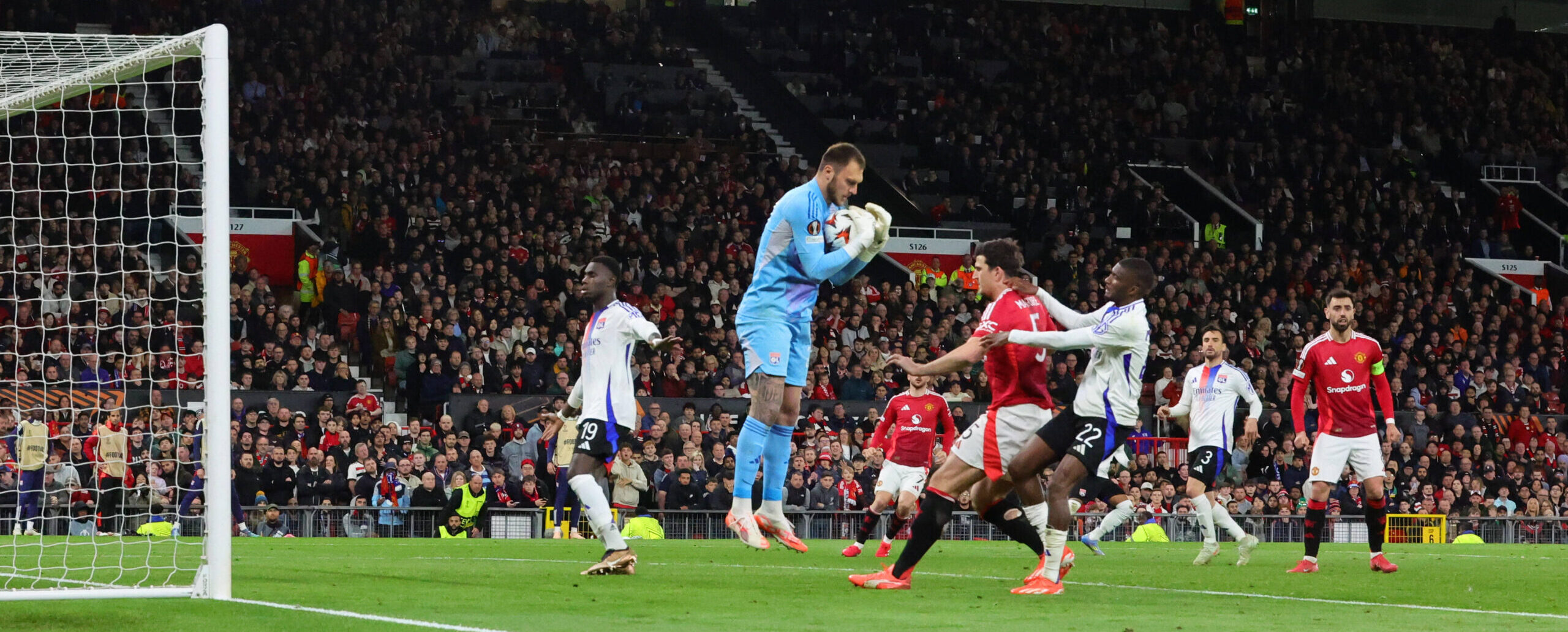 Lucas Perri in action for Lyon against Manchester United, now on his way to Leeds United in 2025