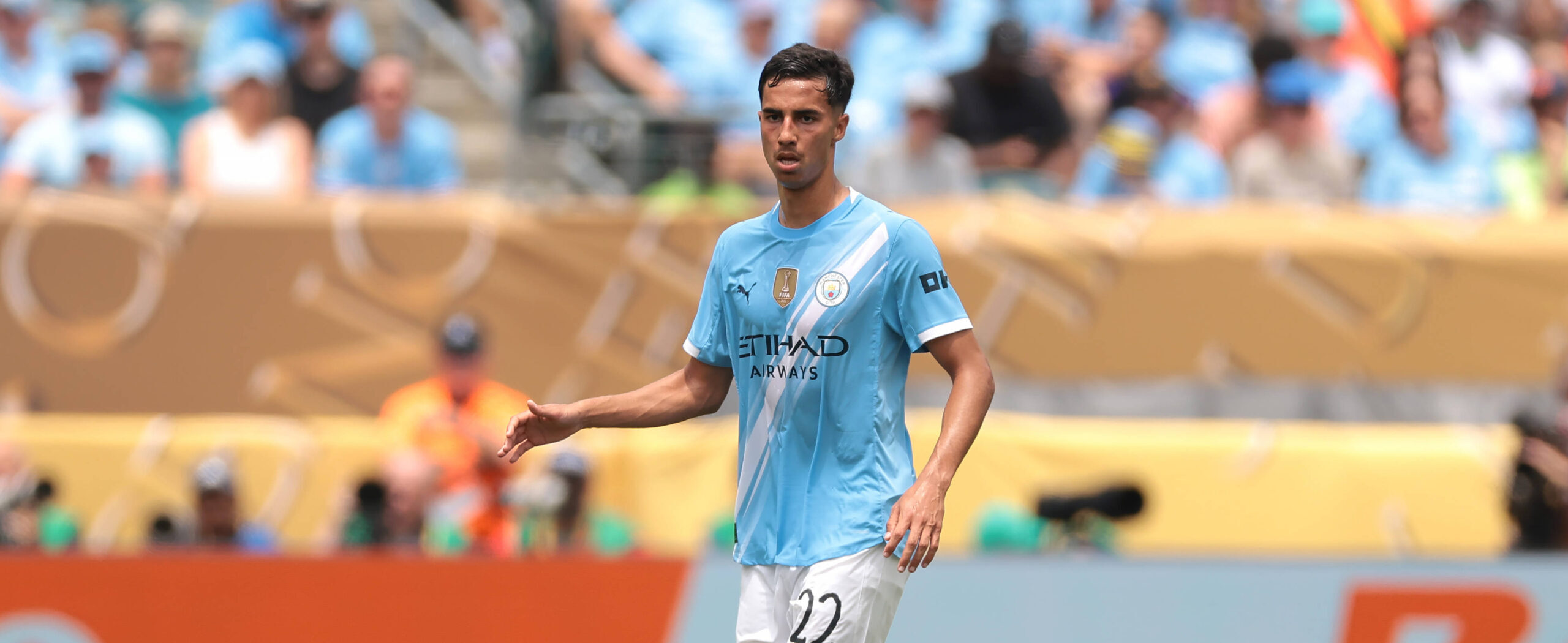 Vitor Reis in action for Manchester City wants to move on Loan for more playtime.