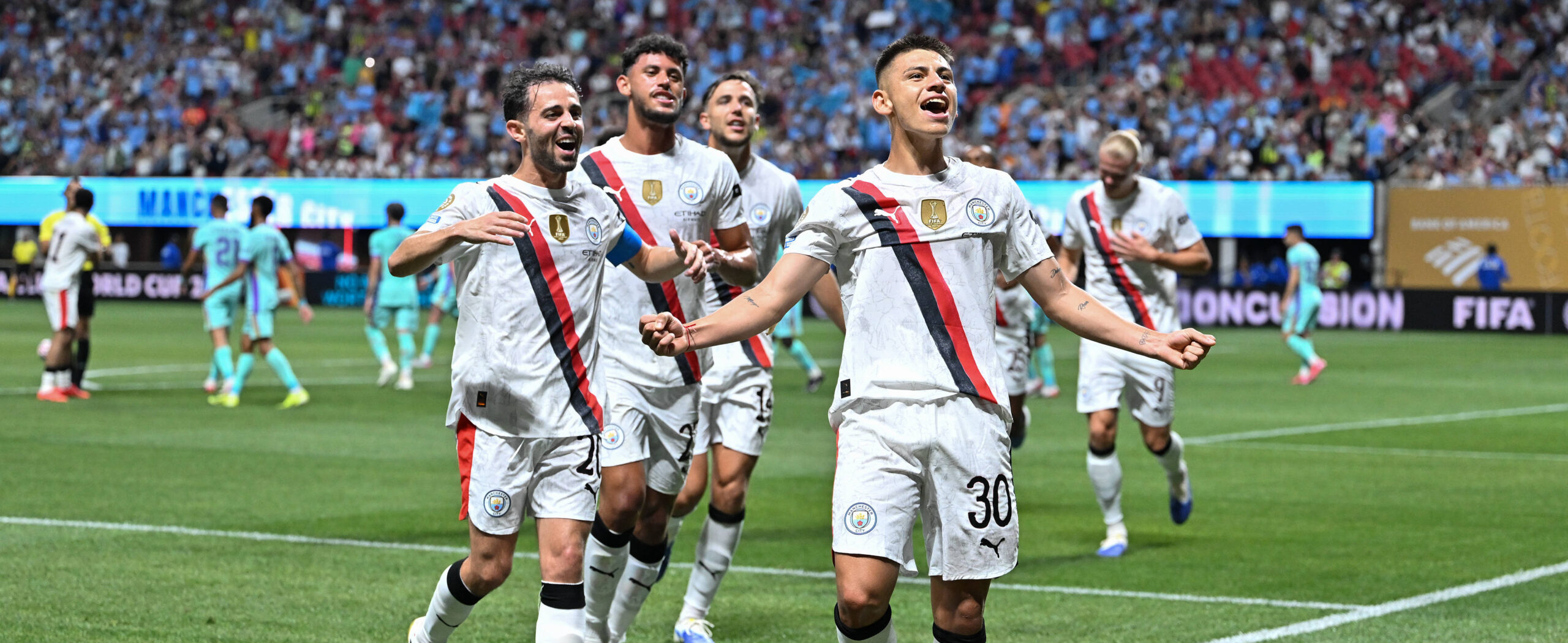 Claudio Echeverri celebrating after scoring his first goal for Manchester City in 2025 at the Club World Cup