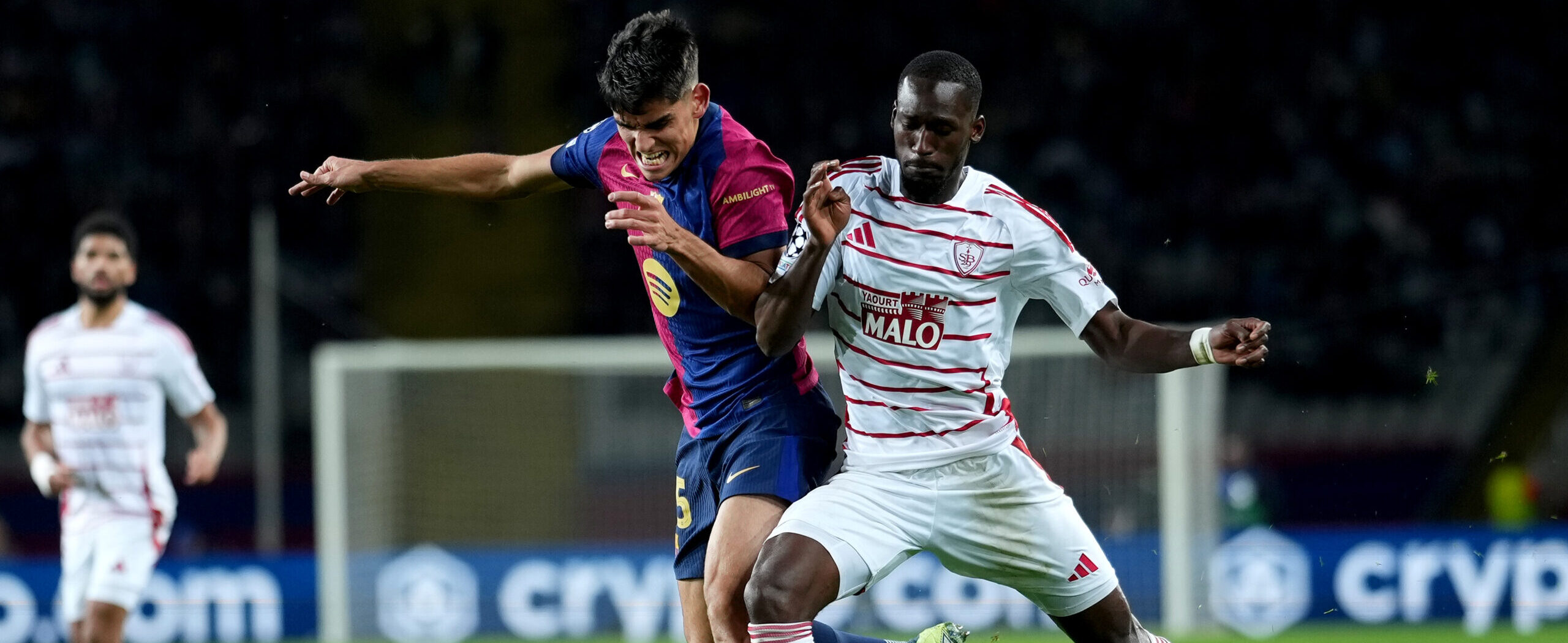 Abdallah Sima in action for Brest in 2025 champions league game against Barcelona. Now wanted by Ipswich Town in 2025