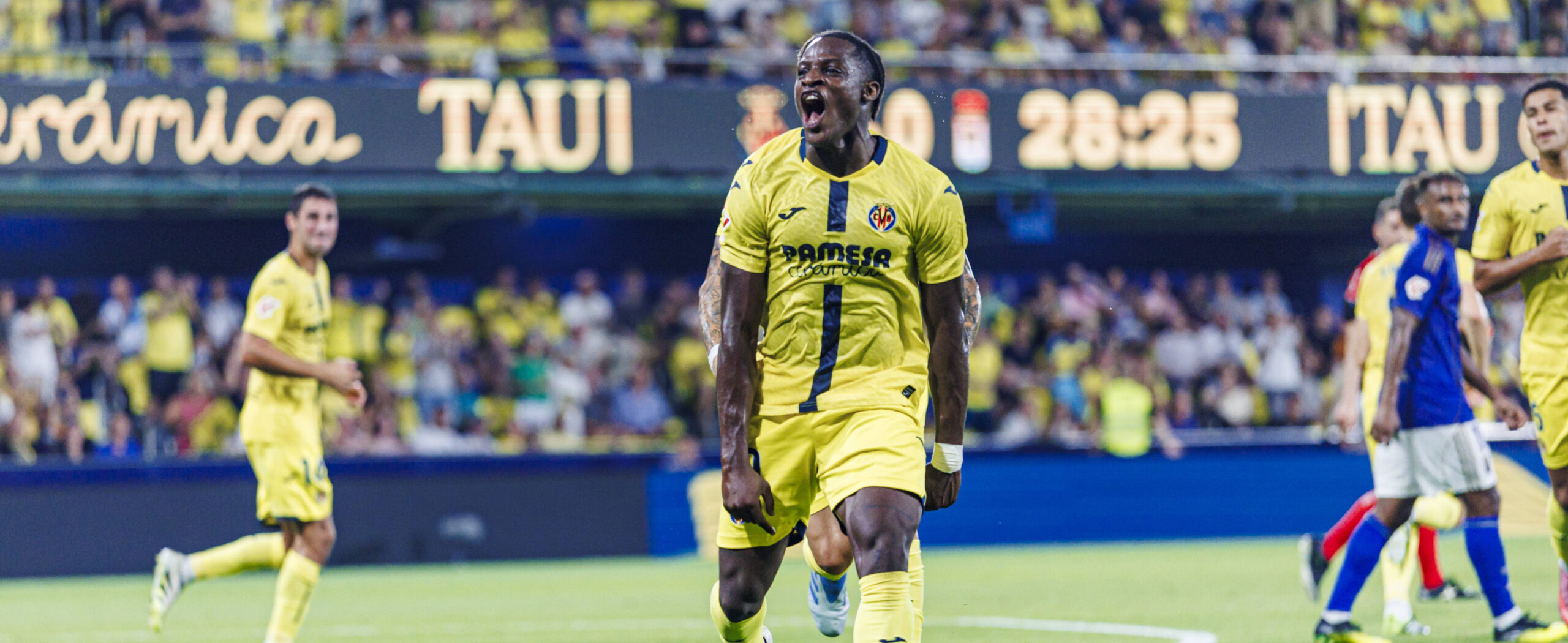 Etta Eyong in action for Villarreal celebrating his goal in 2025