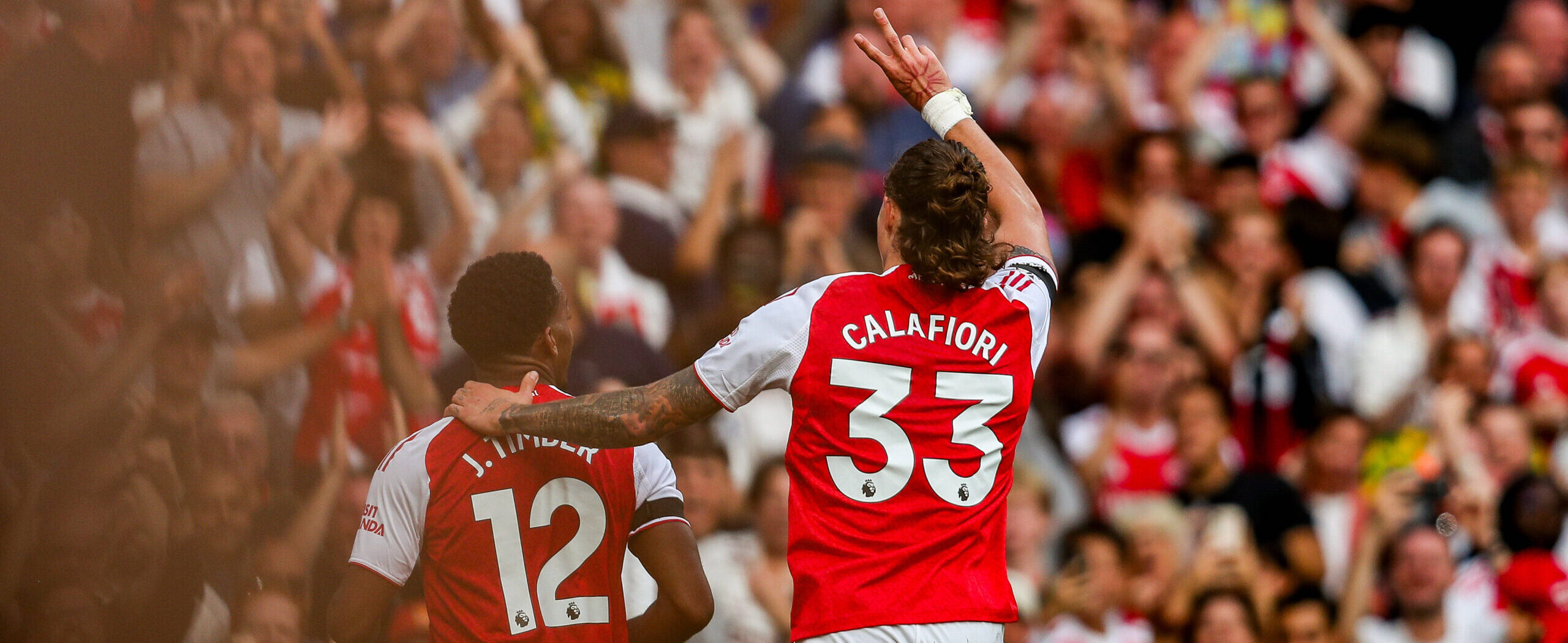 Jurrien Timber celebrating his goal against Leeds United in 2025 Premier League