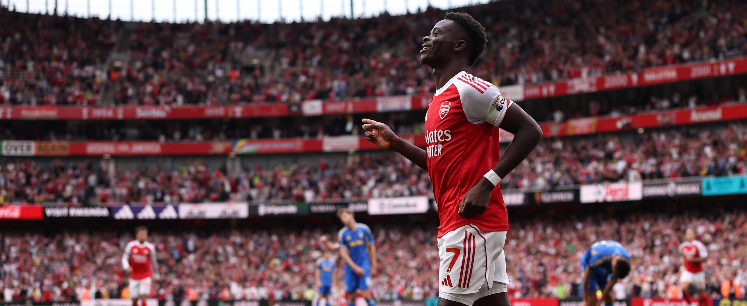 Saka in action against Leeds United 5-0 win in 2025 premier league match