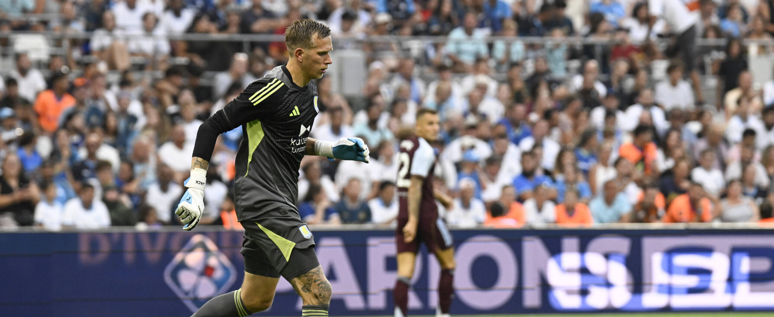 Marco Bizot in action for Aston Villa in 2025