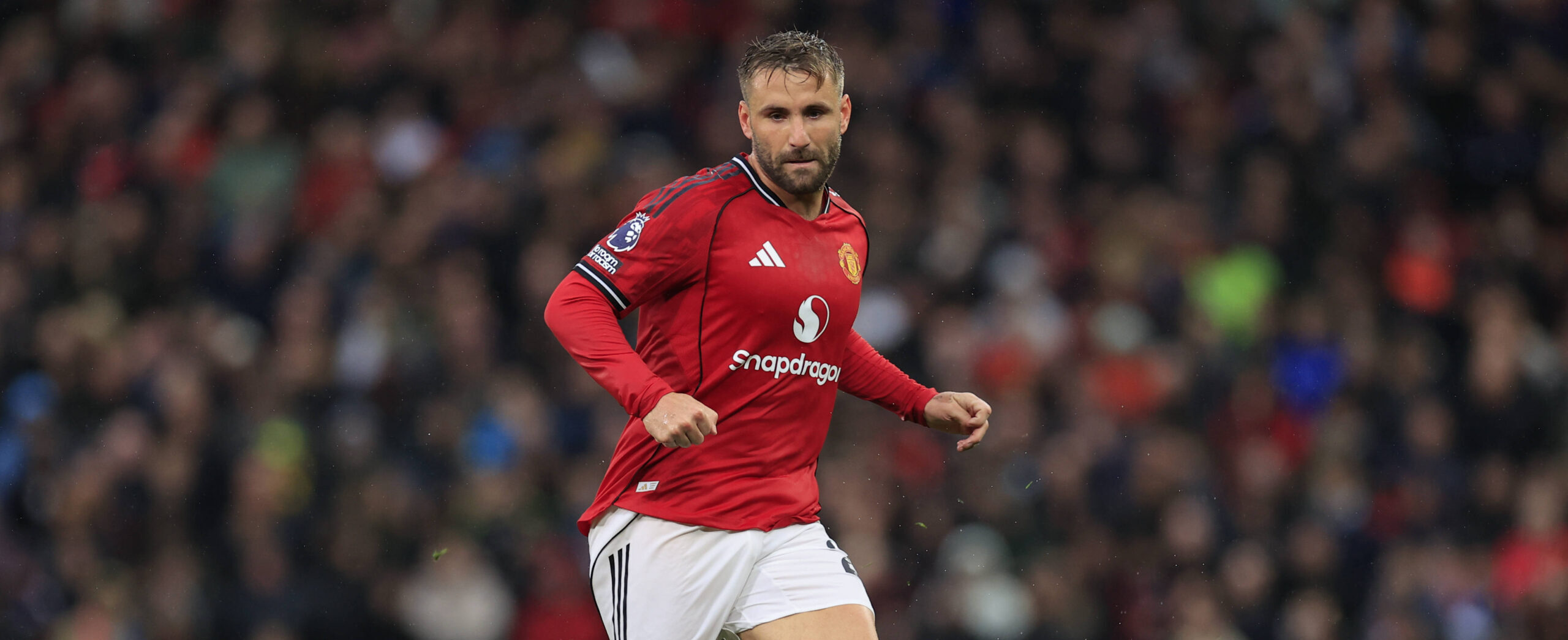 Luke Shaw in action for Manchester United against Chelsea in the Premier League in 2025