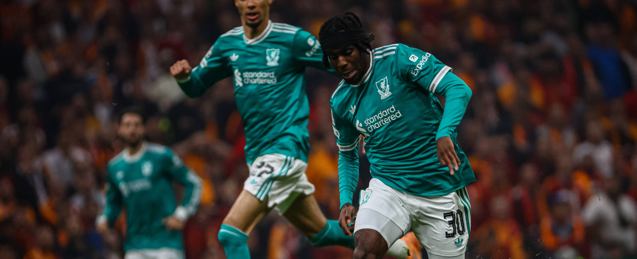 Jeremie Frimpong in action against Galatasary in 2025 Champions League for Liverpool