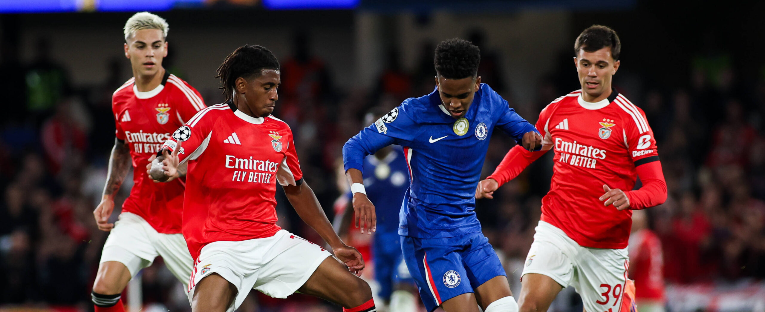 Estevao in action against Benfica in the Champions League for Chelsea