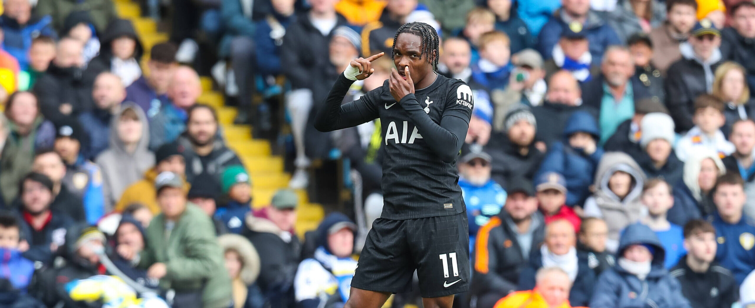 Mathys Tel in action for Spurs against Leeds United in the Premier League in 2025