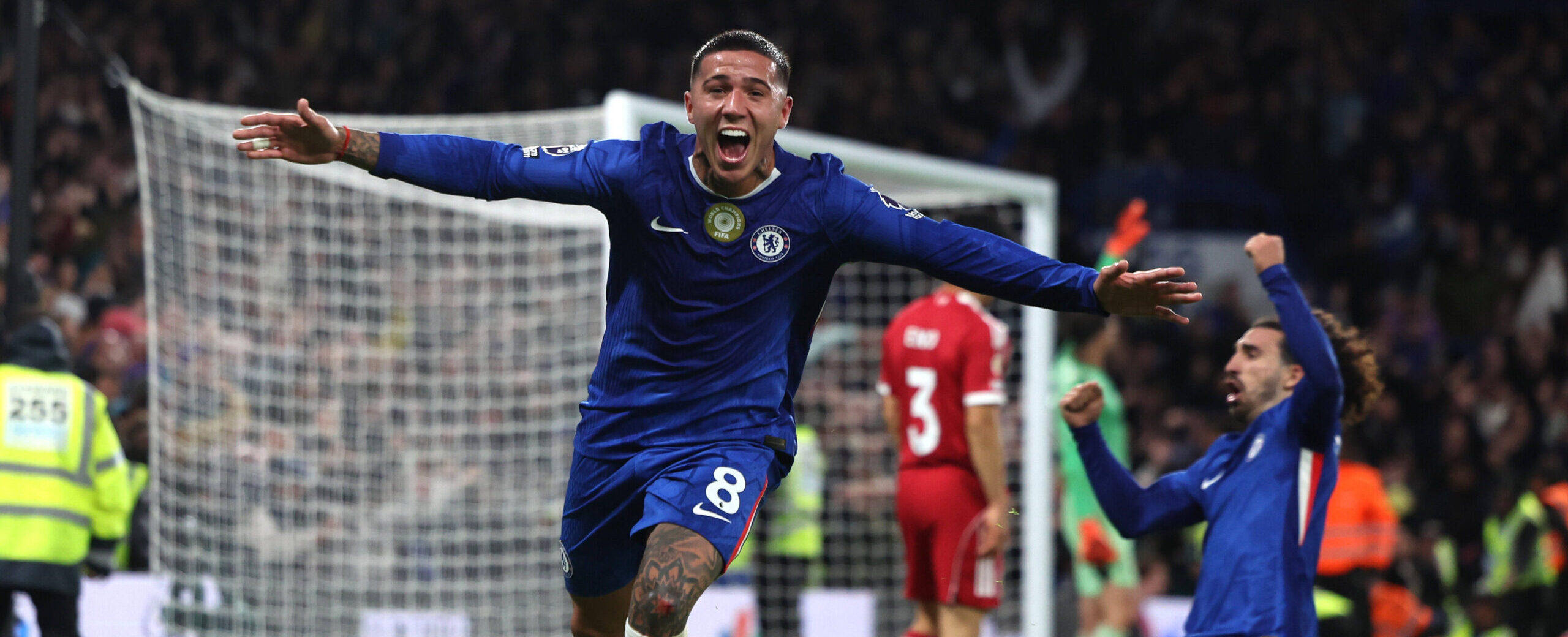 Enzo Fernandez and Cucurella celebrating the win Against Liverpool in the Premier League 2025