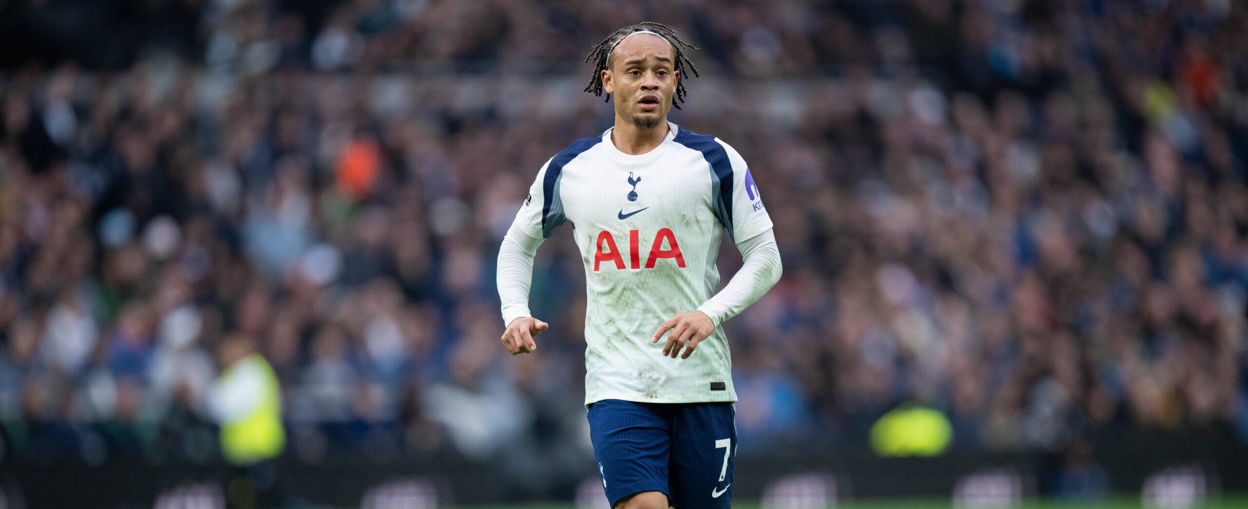 Xavi Simons in action for Tottenham in 2025 against Aston Villa