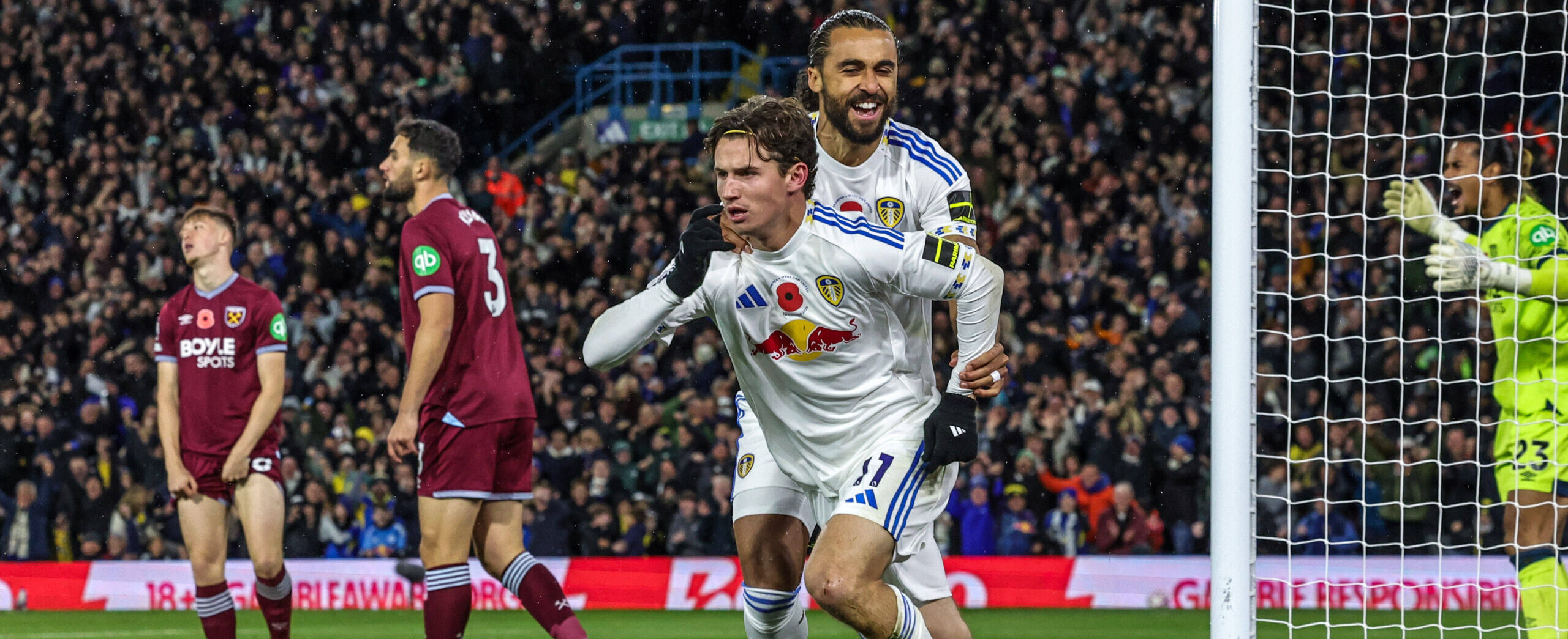 Brenden Aaronson celebrating his goal for Leeds United against West Ham in 2025