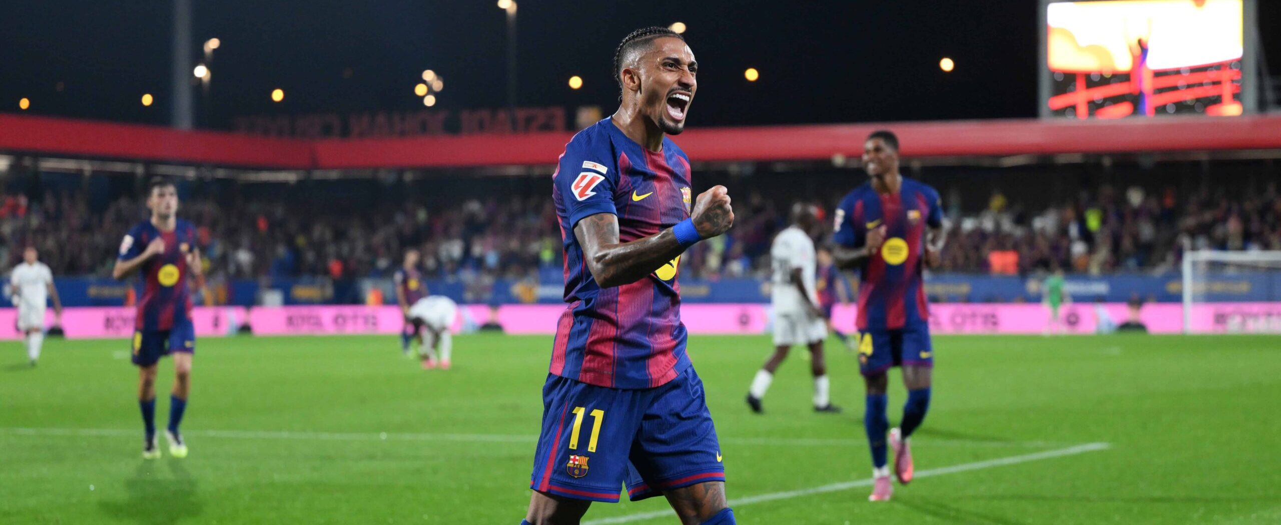 Raphina celebrating a goal for Barcelona in 2025 with Rashford