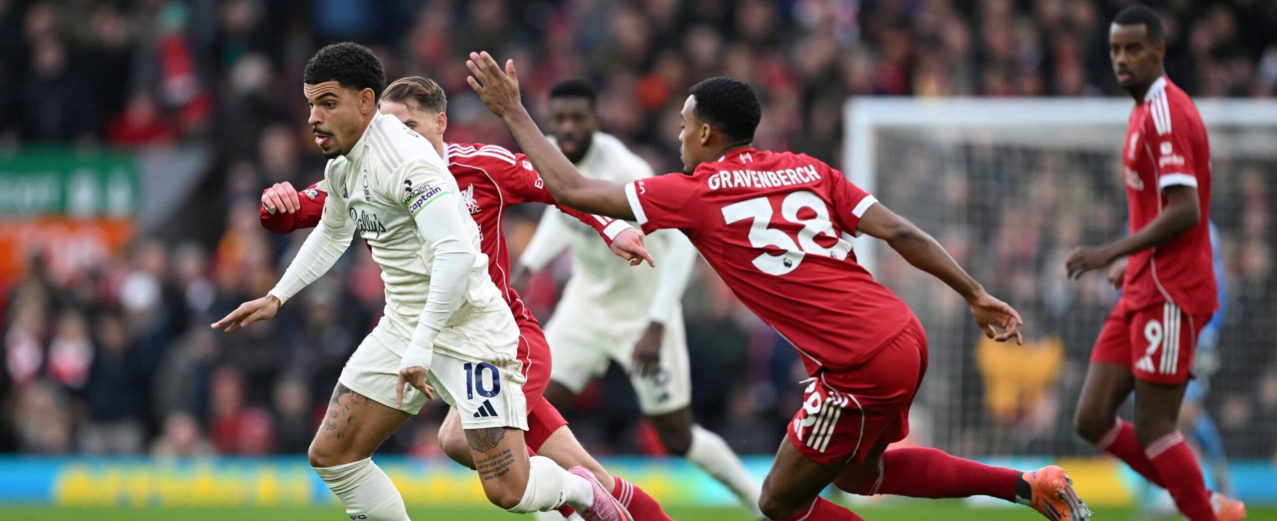 Morgan Gibbs-White in action against Liverpool in 2025