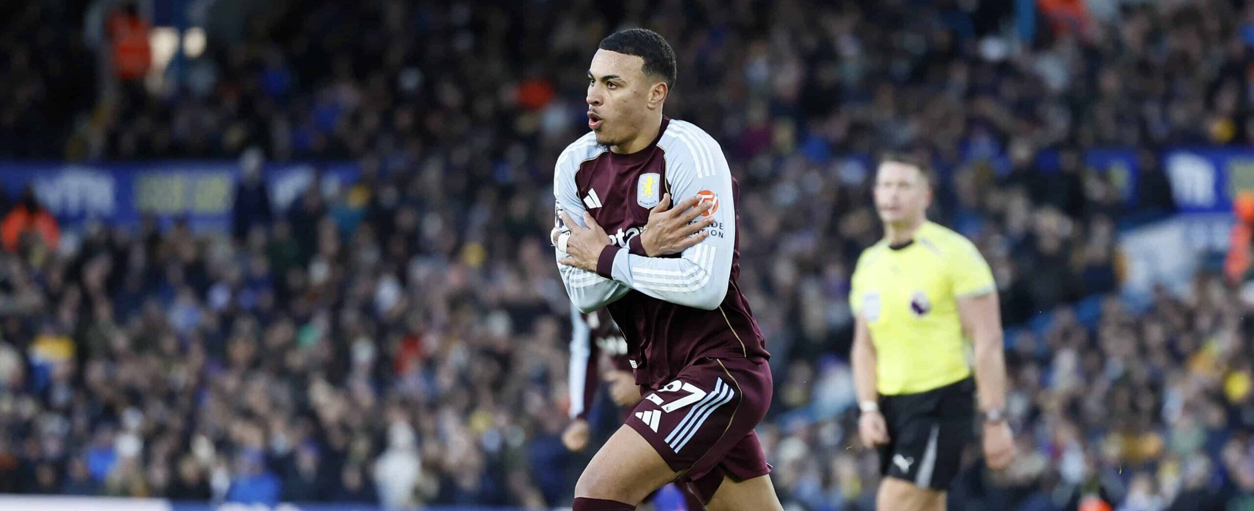 Morgan Rogers in 2025 vs Leeds United celebrate his goal