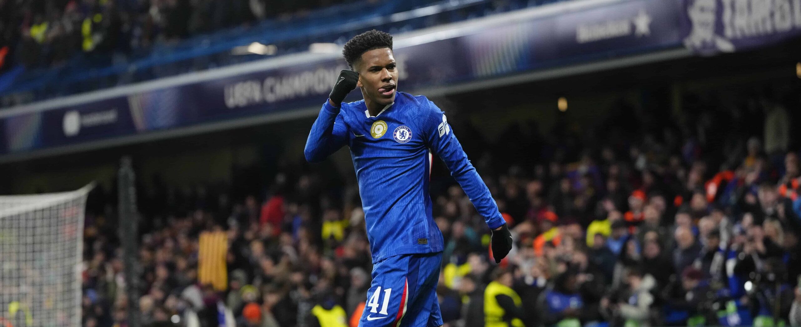 Estevao in action against Barcelona in the Champions League in 2025