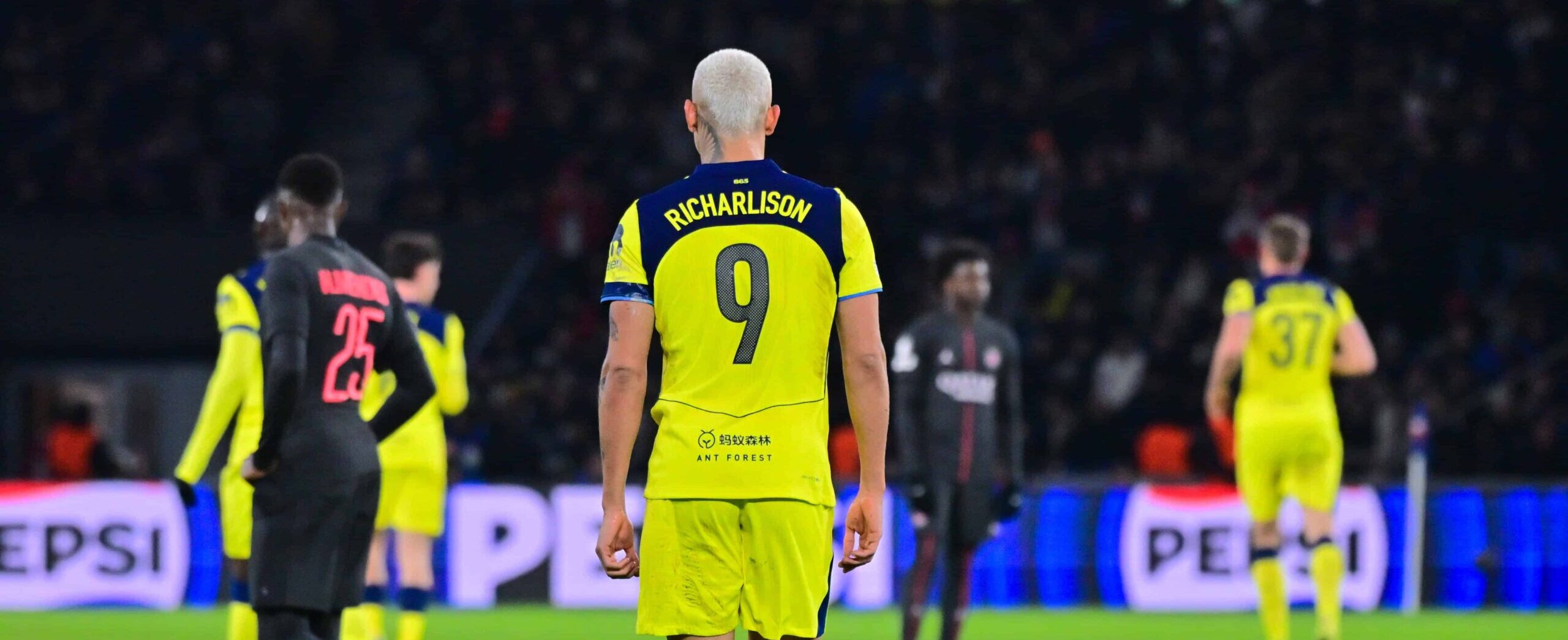 Richarlison in action for Spurs in 2025 in the Champions League against PSG