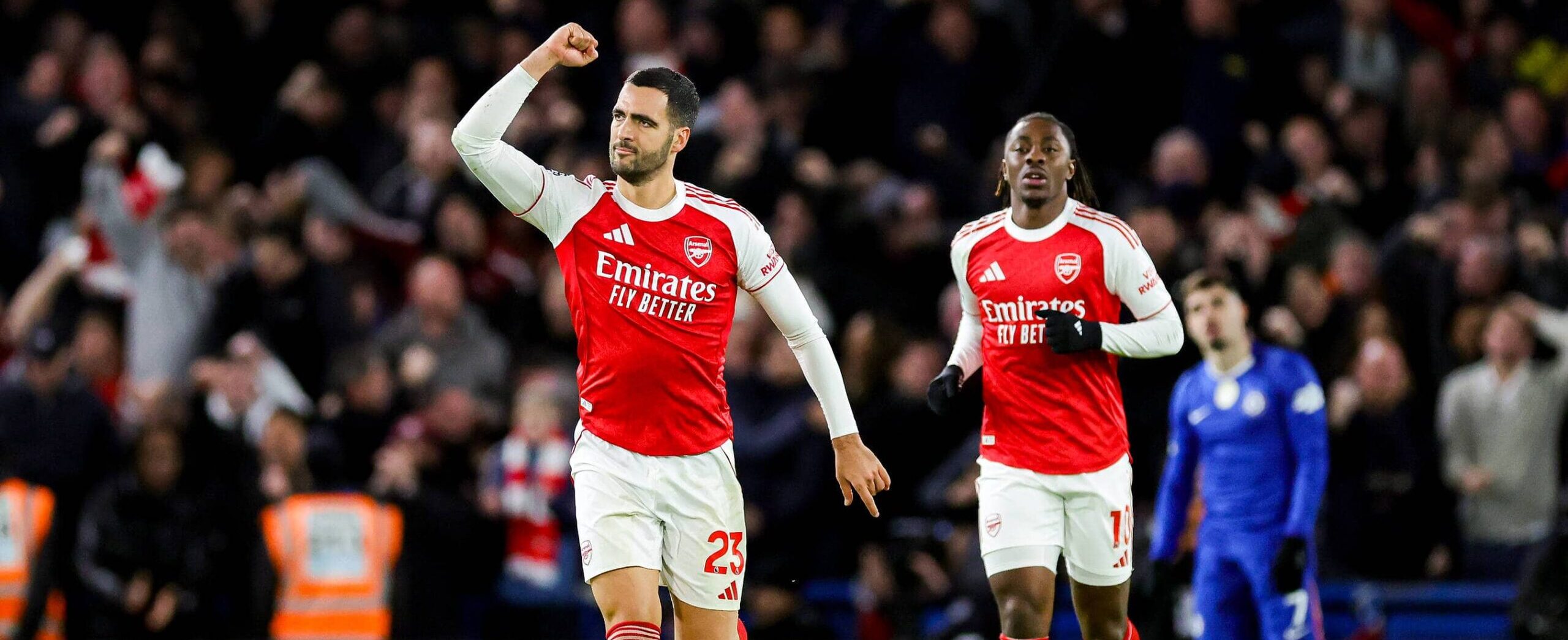 Mikel Merino celebrating his goal against Chelsea in 2025