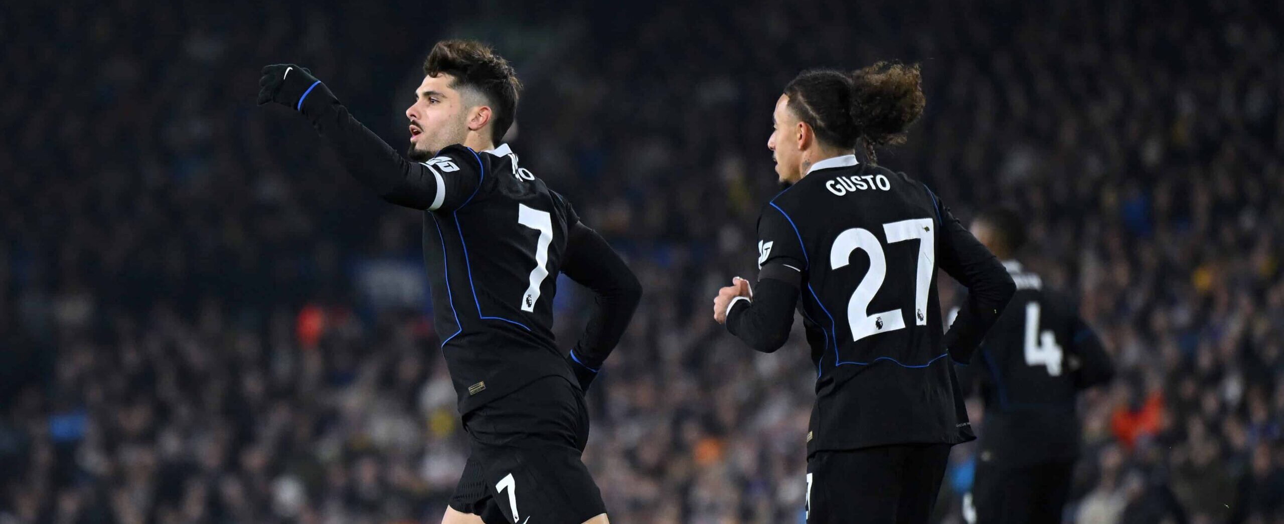 Pedro Neto celebrating his goal against Leeds United in 2025 Premier League match together with Malo Gusto