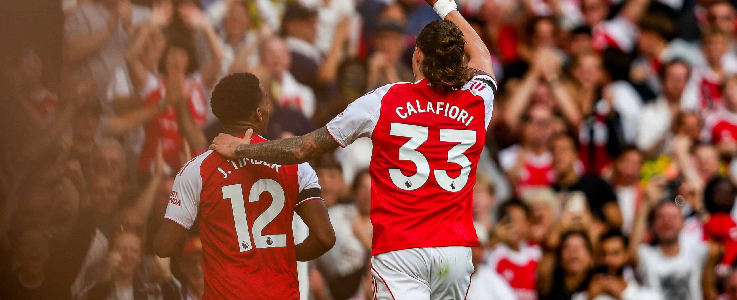 Jurrien Timber celebrating his goal against Leeds United in 2025 Premier League