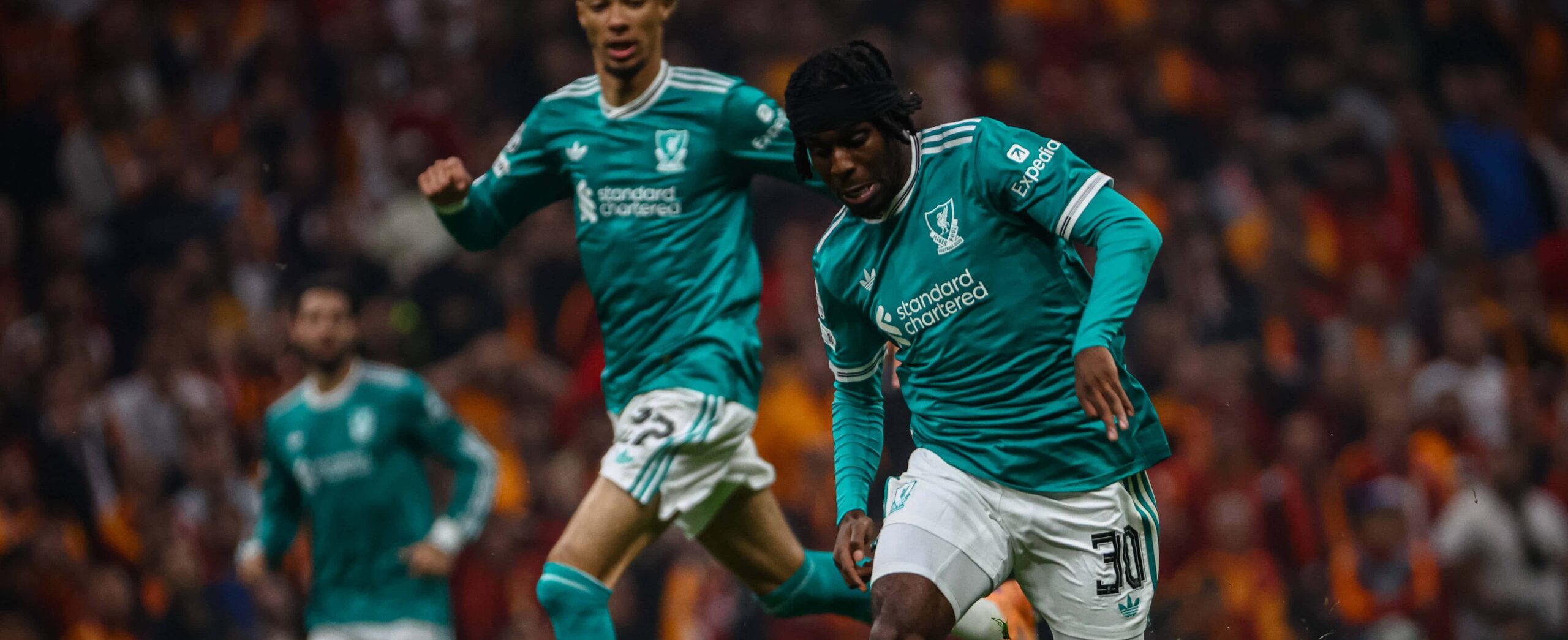 Jeremie Frimpong in action against Galatasary in 2025 Champions League for Liverpool
