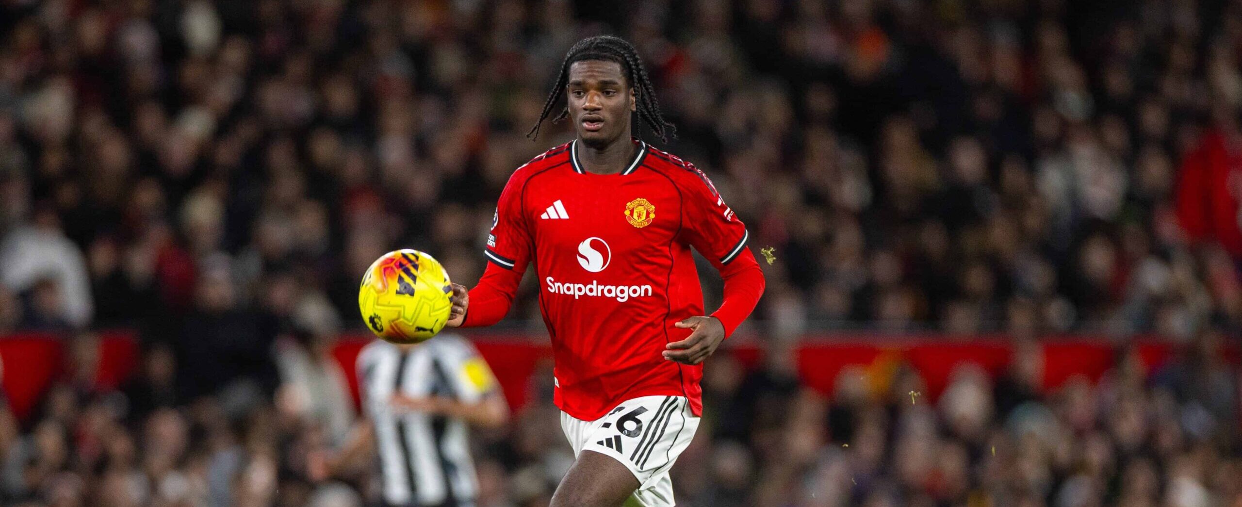 Ayden Heaven in action against Newcastle United in 2025