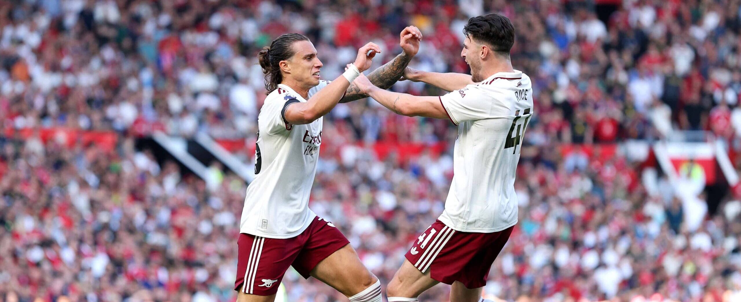 Riccardo Calafiori and Declan Rice in action for Arsenal in 2025