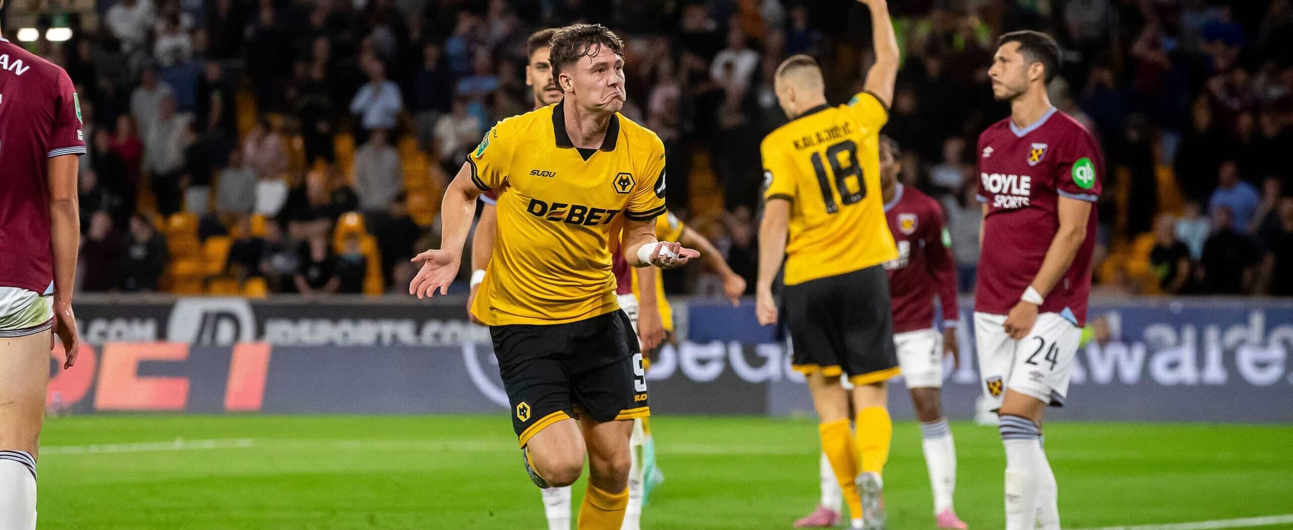 Jorgen Strand Larsen in action against West Ham United in the Carabao Cup 2025