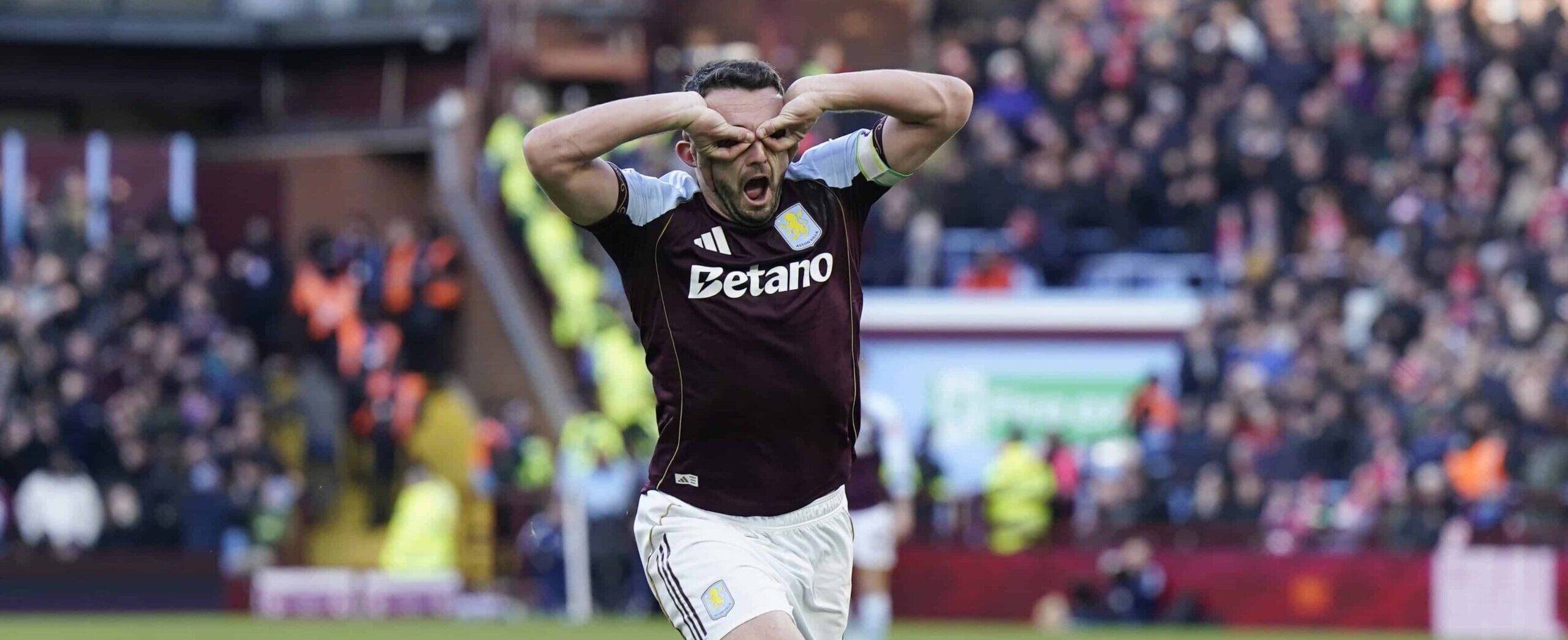 John McGinn in action for Aston Villa in 2026 and celebrating his goal against Nottingham Forest
