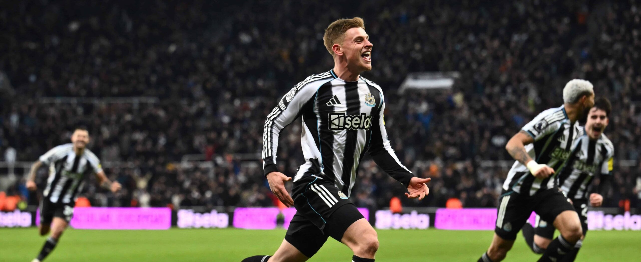 Harvey Barnes in action for Newcastle United in 2026 celebrating his goal against Leeds United