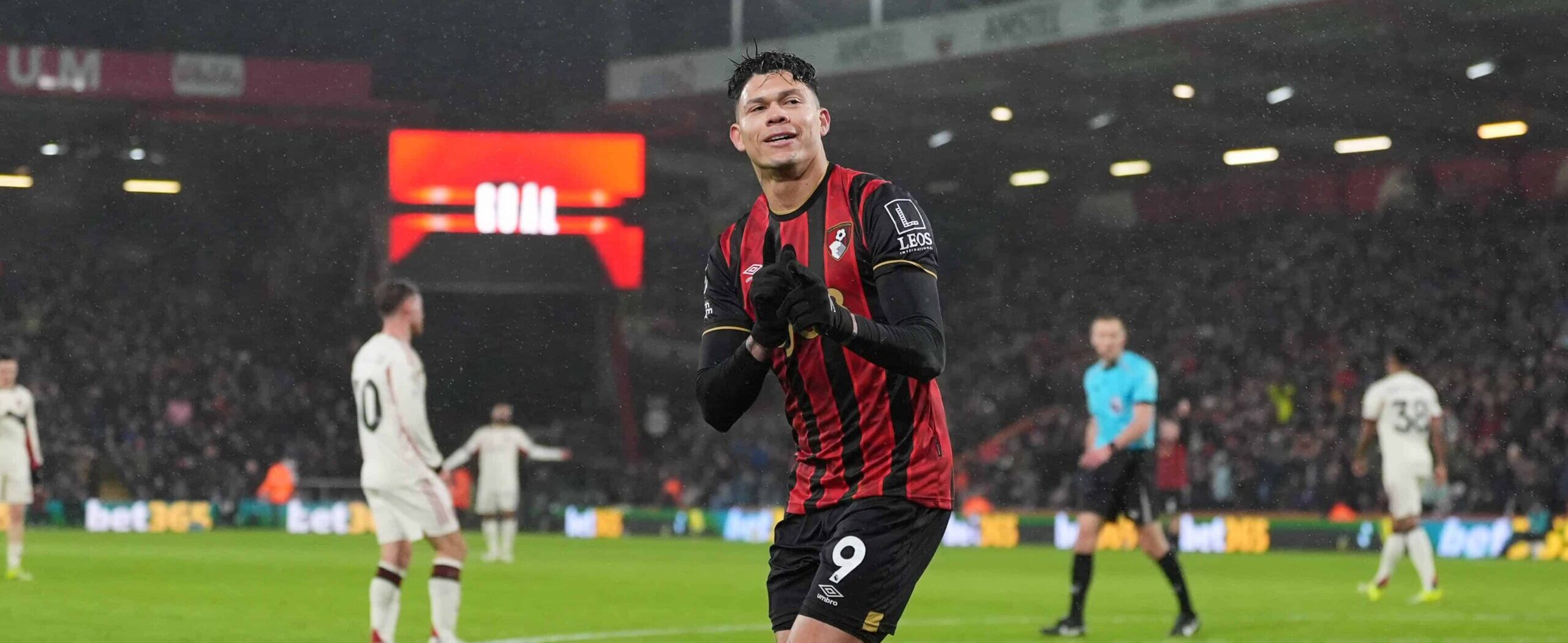 Evanilson in action for Bournemouth in 2026 celebrating his goal against Liverpool