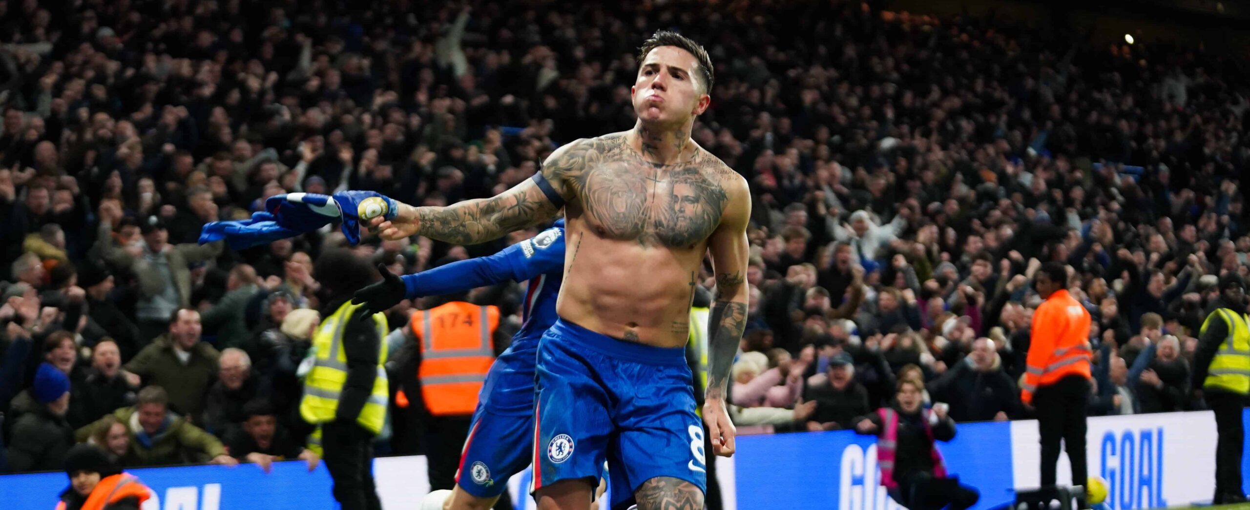 Enzo Fernandez in action for Chelsea against West Ham in the Premier League 2026 - celebrating his goal