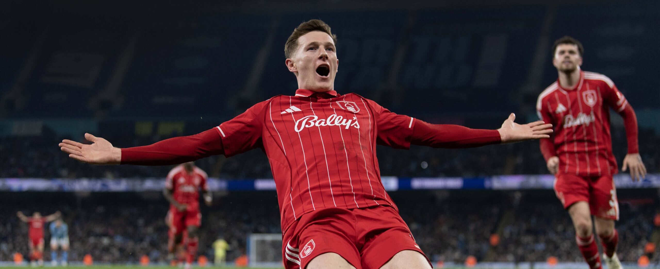 Elliot Anderson in action against Manchester City in 2026 Premier League match celebrating his goal