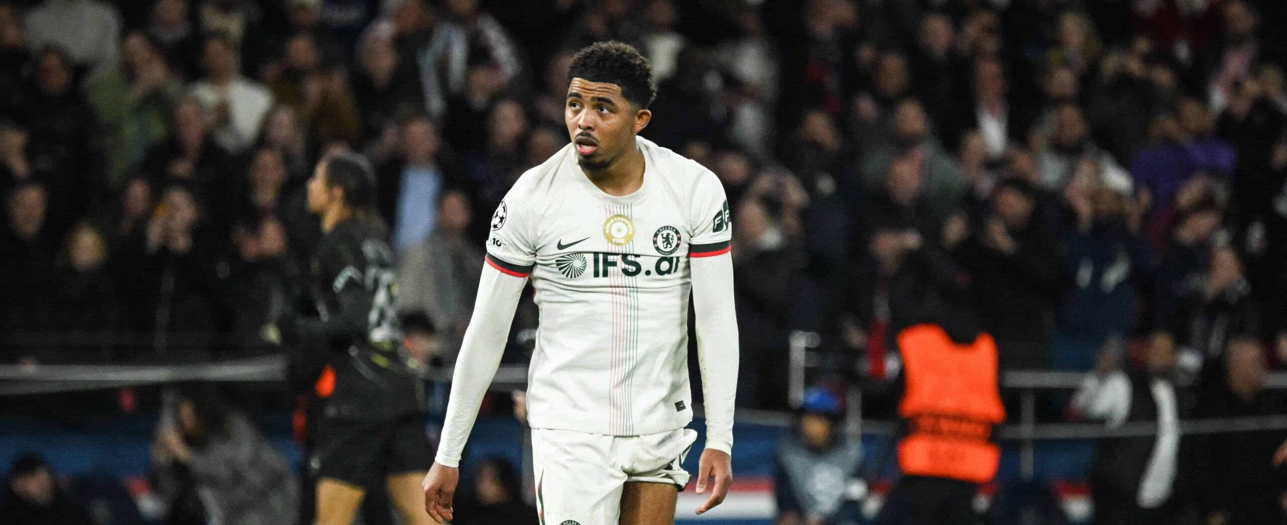 Wesley Fofana in action for Chelsea in the Champions League against PSG in 2026