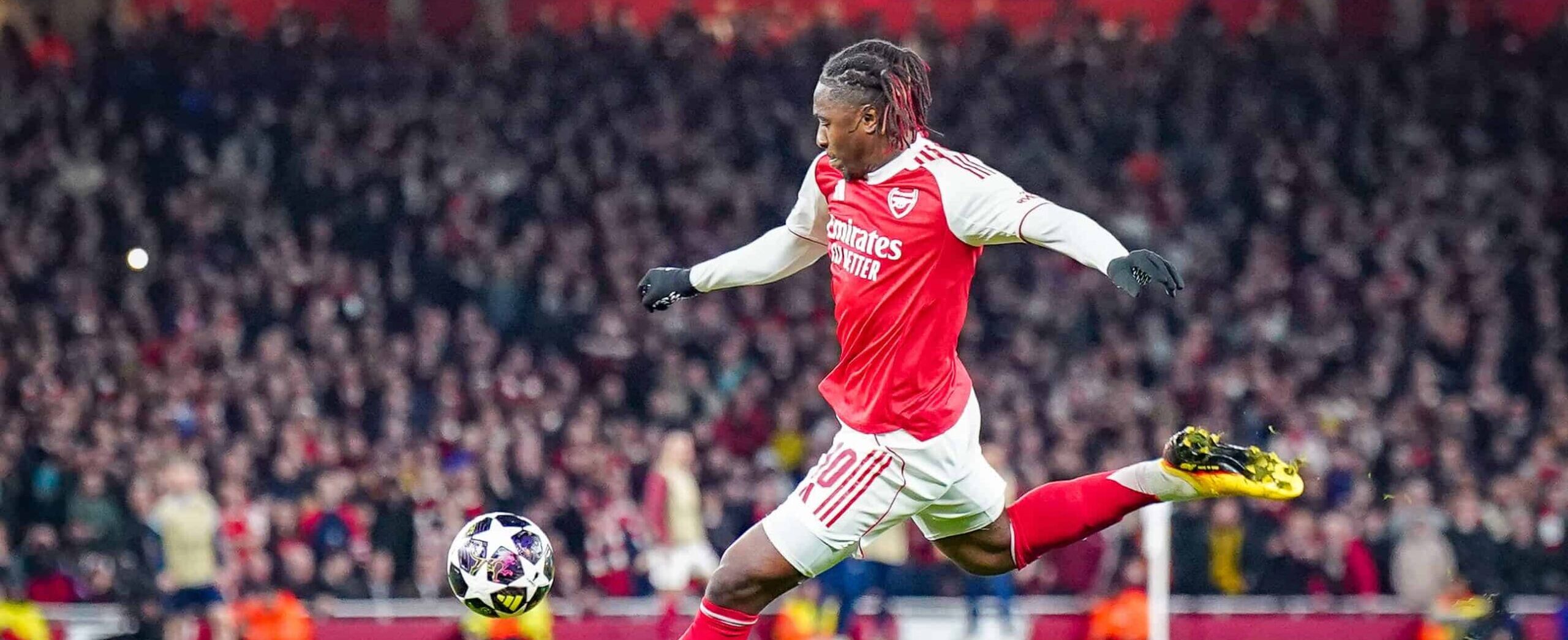 Eze in action for arsenal in the Champions League 2026 against Leverkusen