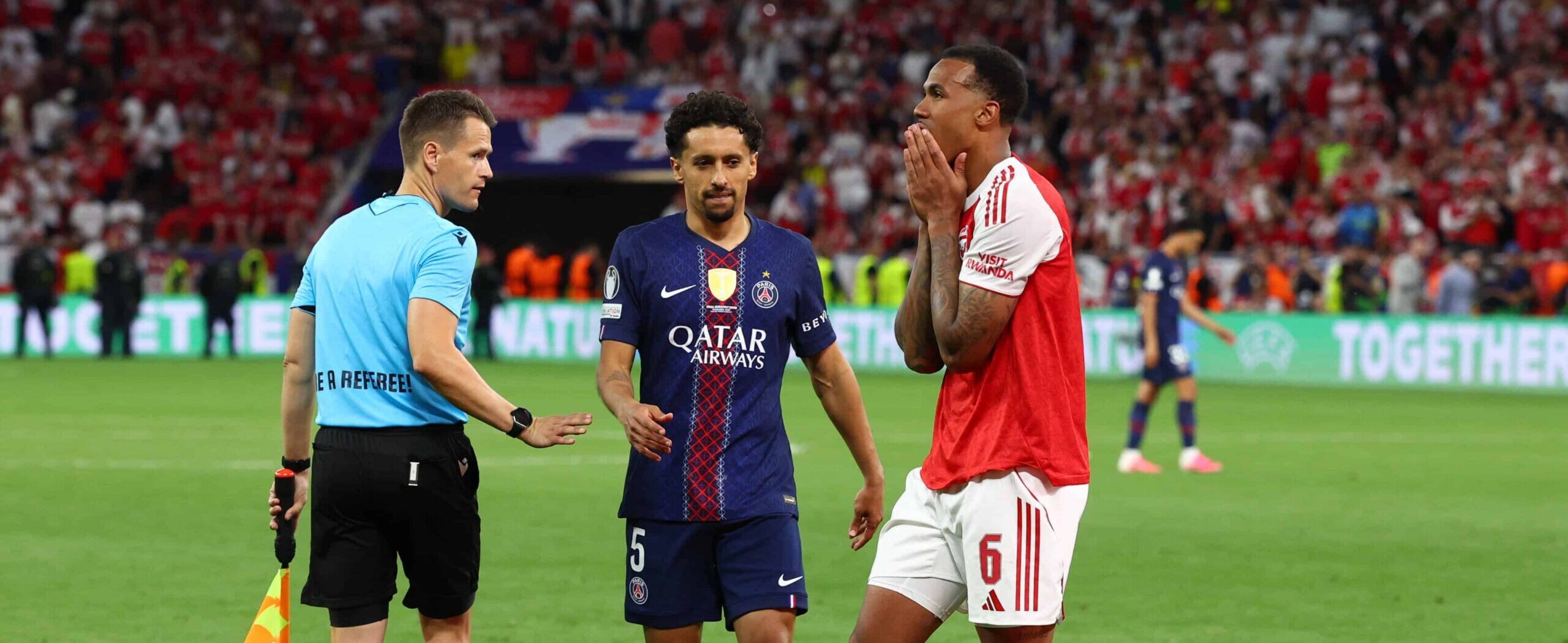Gabriel in action for Arsenal against PSG with Marquinhos