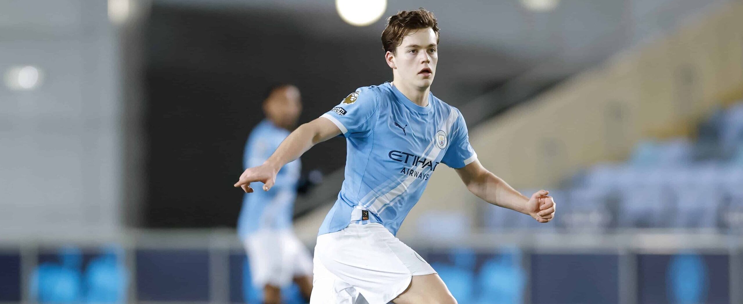 Sverre Nypan in action for Manchester City in 2026
