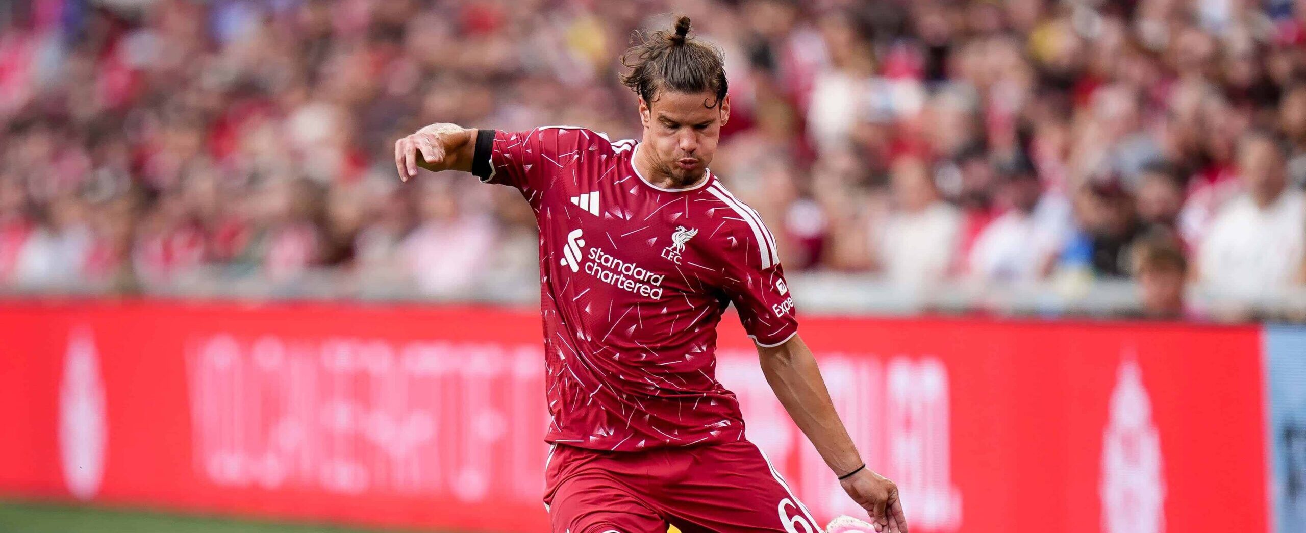 Milos Kerkez in action for Liverpool in 2026 friendly