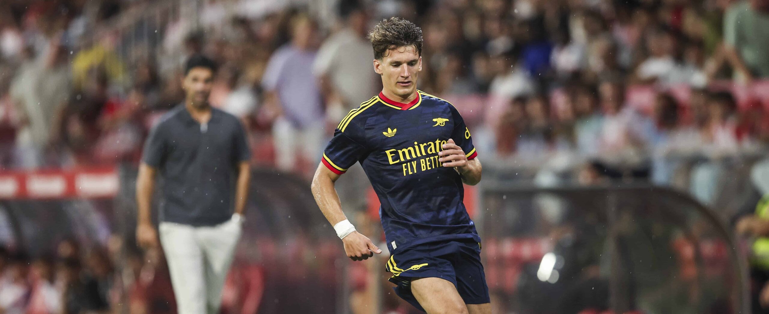 Christos Tzolis in action for Arsenal in 2026