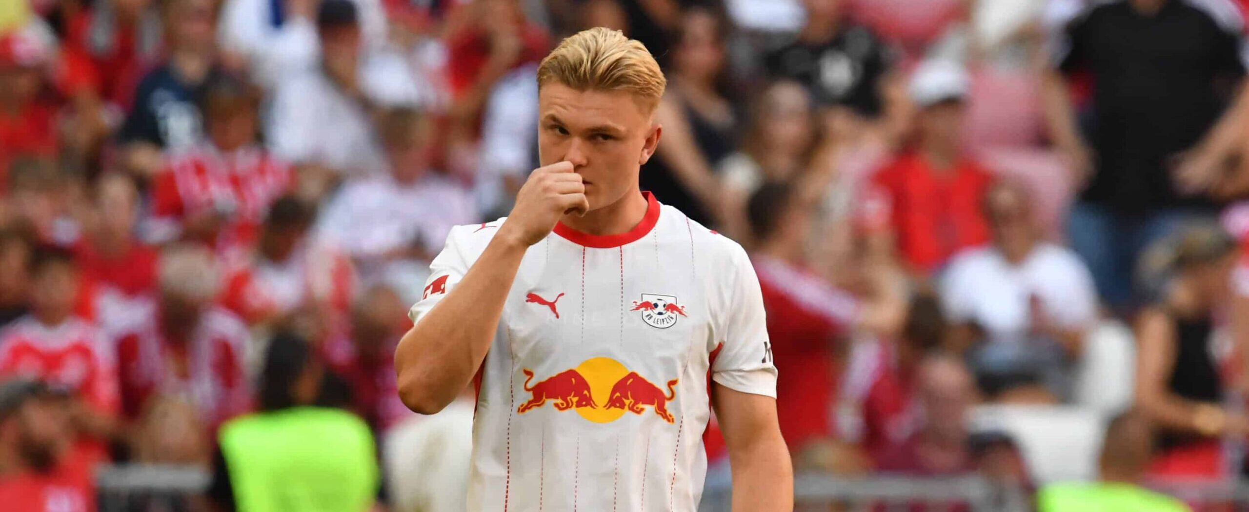 Conrad Harder in action for Leipzig in 2026