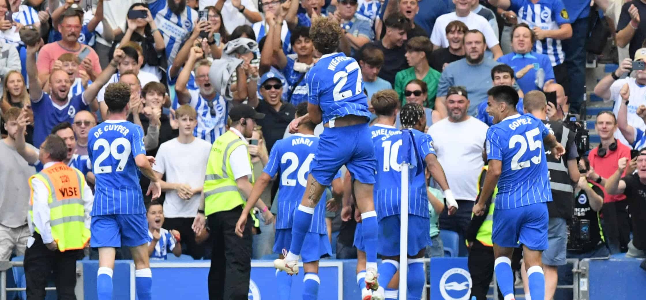 Brighton players celebrate against Aston Villa at home in 2026 first premier league match