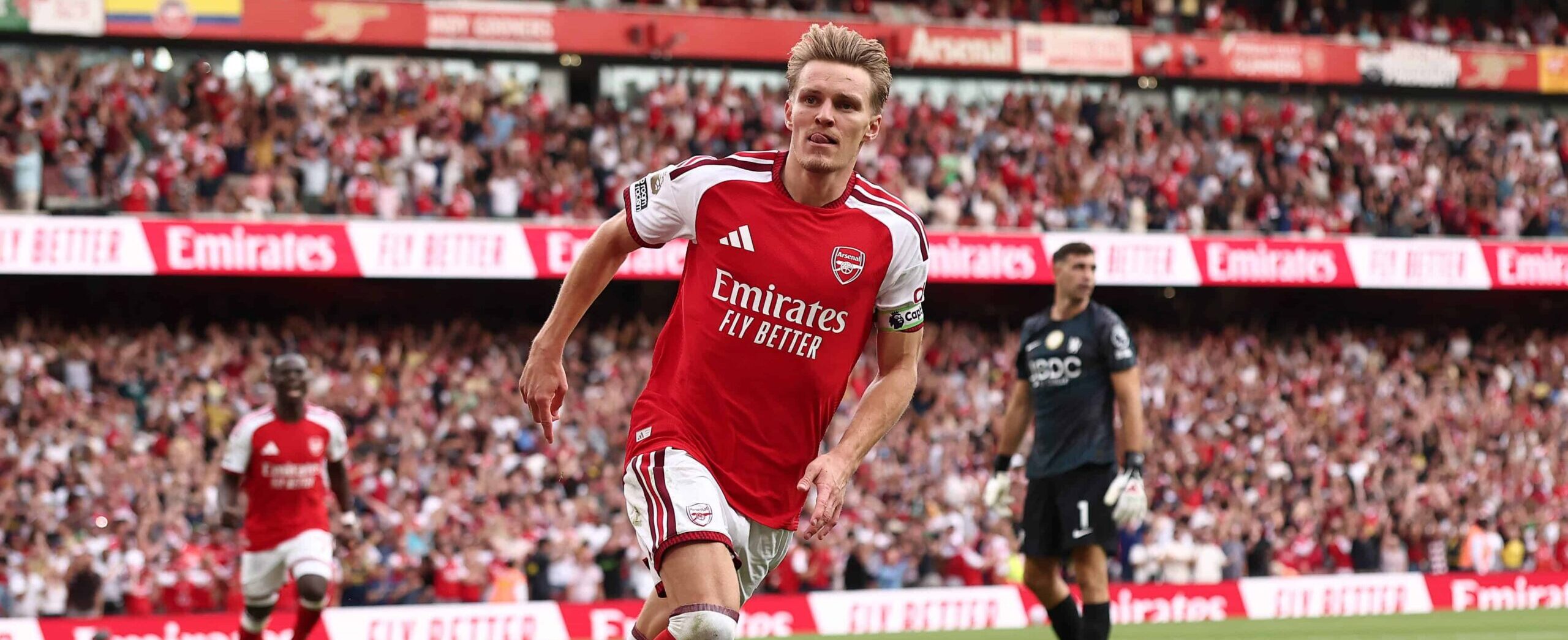 Martin Odegaard in action for for Arsenal against Chelsea celebrating his goal in 2026