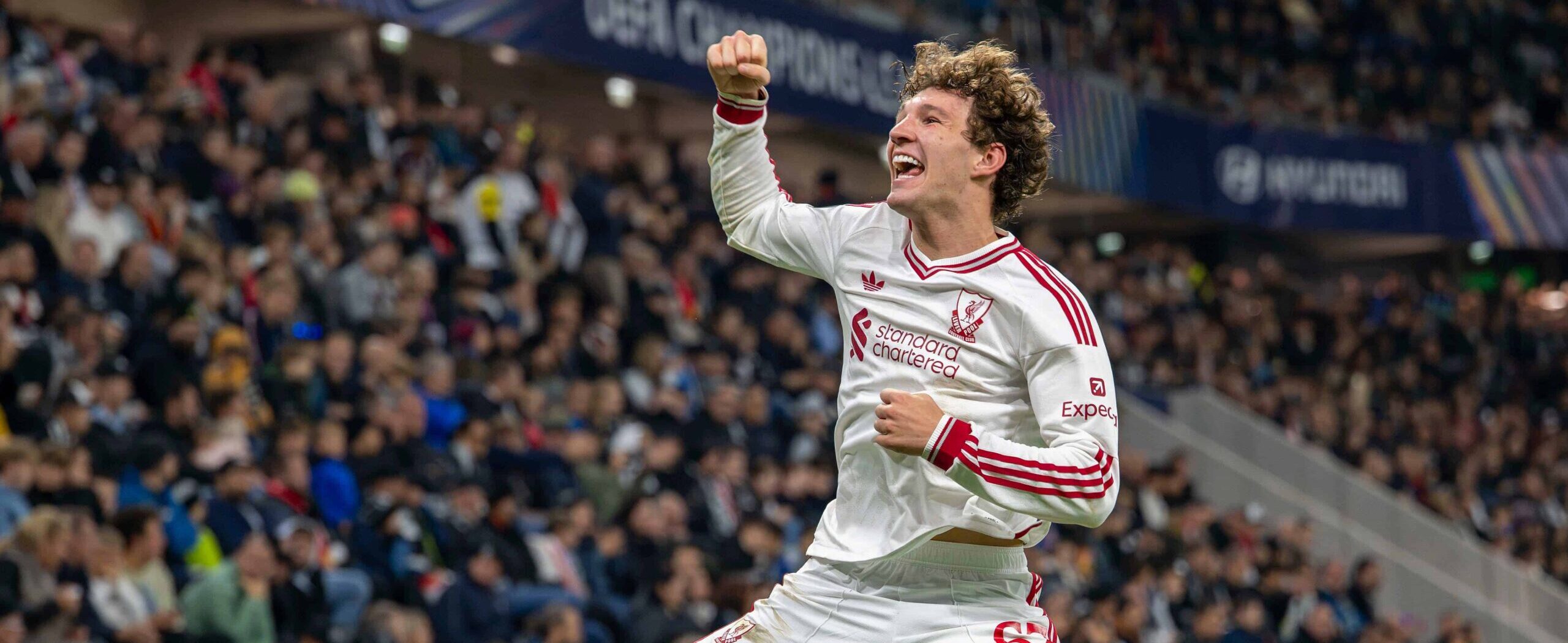 Lewis Koumas in action for Liverpool in 2026